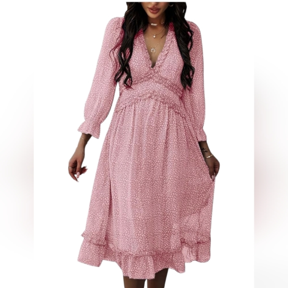 Floral Pink V-Neck Midi Dress with Ruffle Hem